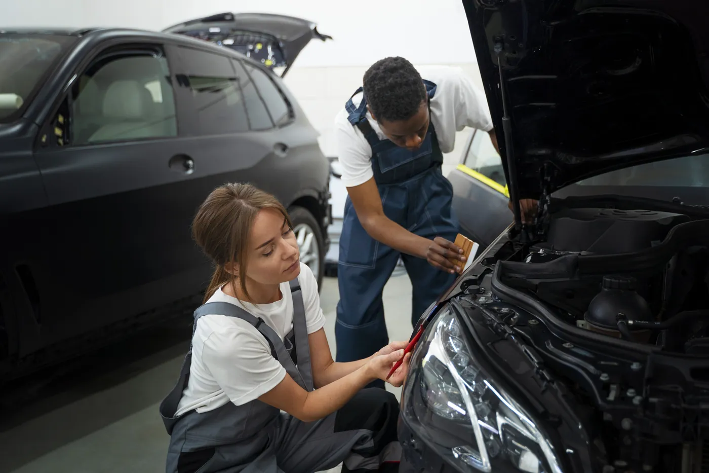 Deux techniciens rénovant le phare avant d’une voiture